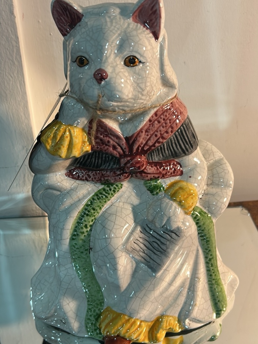 Beautiful Cat figurine in White with Green and Yellow Accents